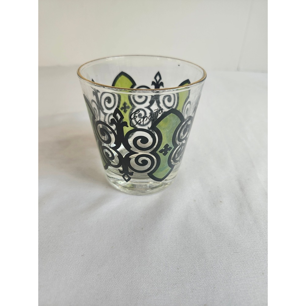 Anchor Hocking Espana Mid Century Modern Rocks Glass Green Black Gold Trim MCM